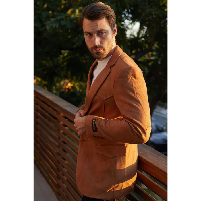 Mens Double Button Faux Suede Blazer- Camel