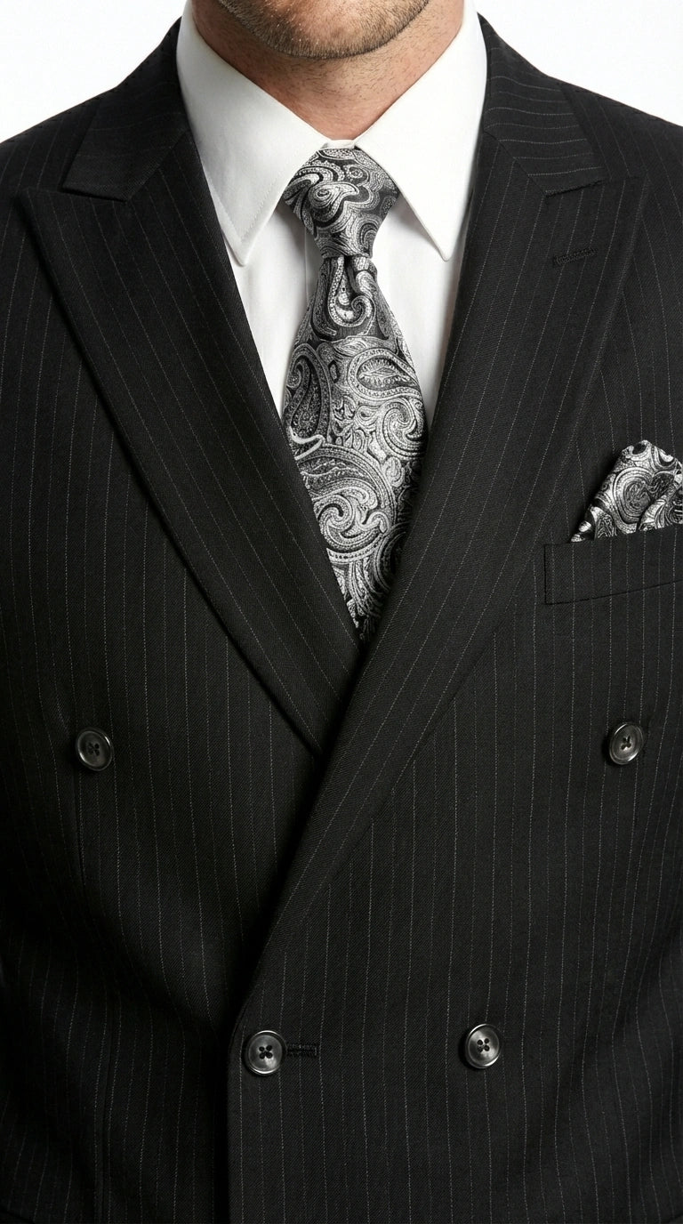 Men’s Black Pinstripe Double Breasted Suit – Peak Lapel Classic Fit Formal Business Conservative settle stripe