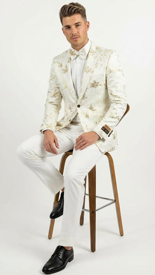 Alberto Nardoni men's white blazer with gold floral pattern, peaked lapels, and single-button closure. Structured silhouette. Contrasting interior cuff lining.
