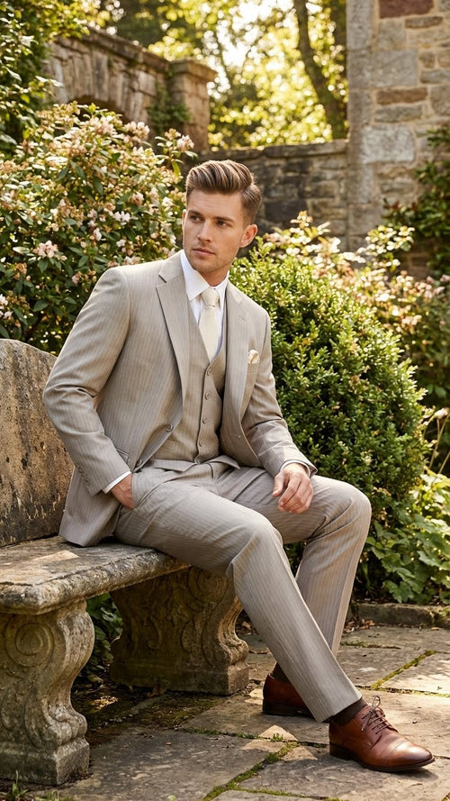 Light tan men's 3-piece pinstripe suit. Includes fitted jacket, vest, and trousers. Lightweight fabric, subtle pinstripe. Three-button jacket, V-neck vest, and straight-leg trousers create a structured shape.