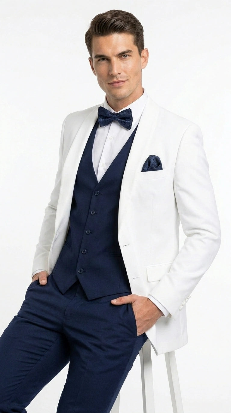 Men’s White and Navy blue tuxedo  3 Piece Suit – Classic White Blazer with Navy Vest and Pants for Wedding, Party + Bowtie