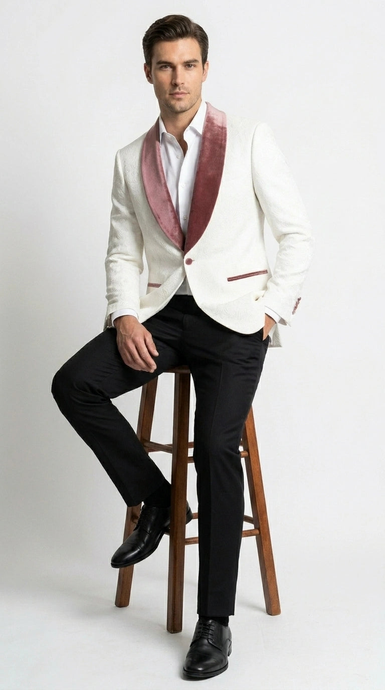 Men’s Ivory and Rose gold Floral Blazer – Elegant Shawl Lapel Formal Blazer Jacket for Wedding, Party, Prom