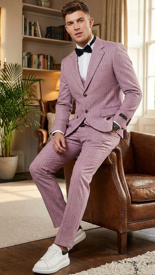 Men's dusty rose pink three-piece suit with pinstripes. Includes jacket, vest, and trousers in textured fabric. Styled with white shirt, black bow tie, and white sneakers.
