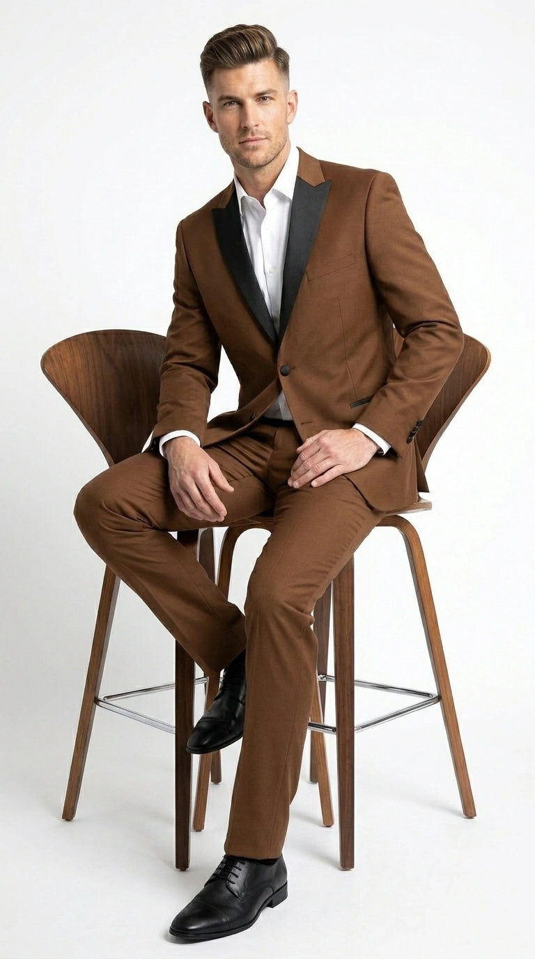 Men’s Light Brown Vested Piece Suit – Elegant Formal Suit with Contrast Lapel for Wedding, Party