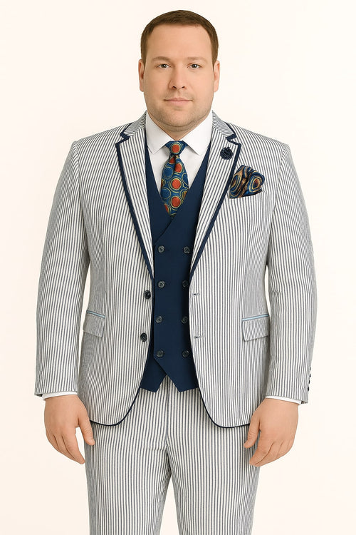 Men's White and Navy Pinstripe Suit with Contrast Trim â€“ 3-Piece Seersucker Style Set for Weddings and Summer Events