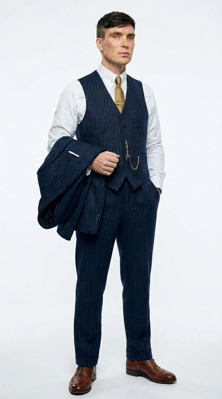Men’s Navy Blue Pinstripe 3 Piece Suit, Thomas Shelby Inspired Vintage Formal Suit for Weddings, Parties, Prom, and Special Events