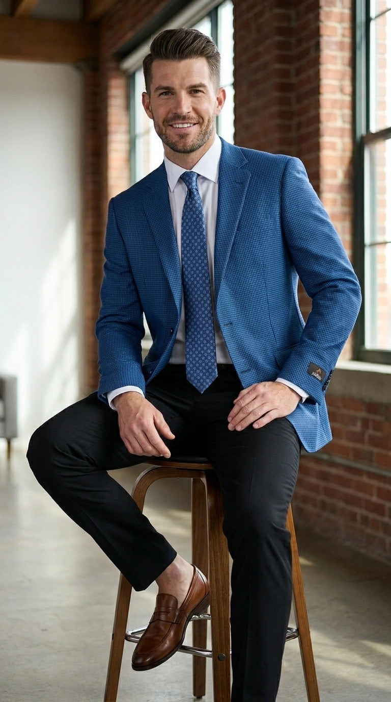 Men’s Blue Houndstooth Blazer Jacket, Check Pattern Formal Sport Coat for Weddings, Prom, Parties, and Special Occasions