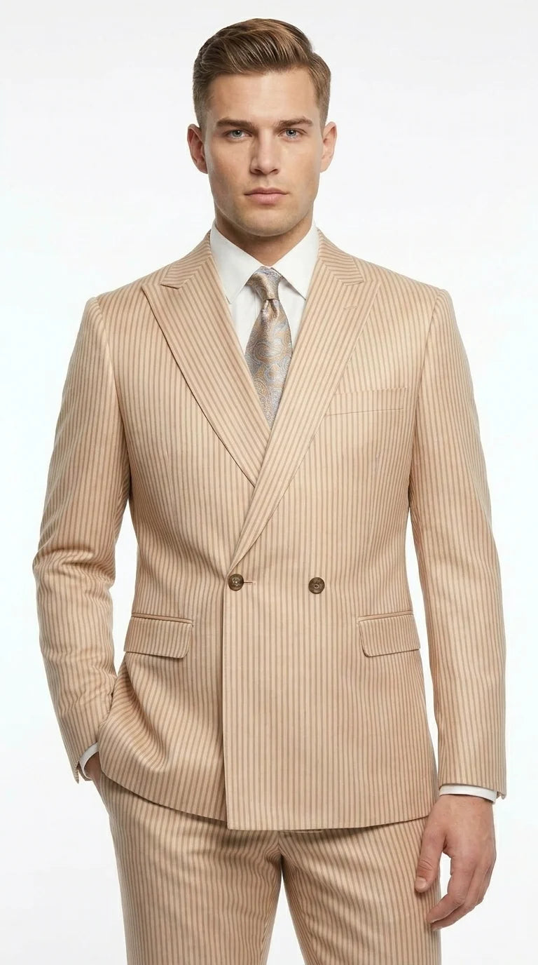 Vitali Men’s Tone on Tone Beige Pinstripe 2 Piece Suit, Double Breasted Summer Dress Suit for Weddings, Tan Beige Shadow Pinstripe