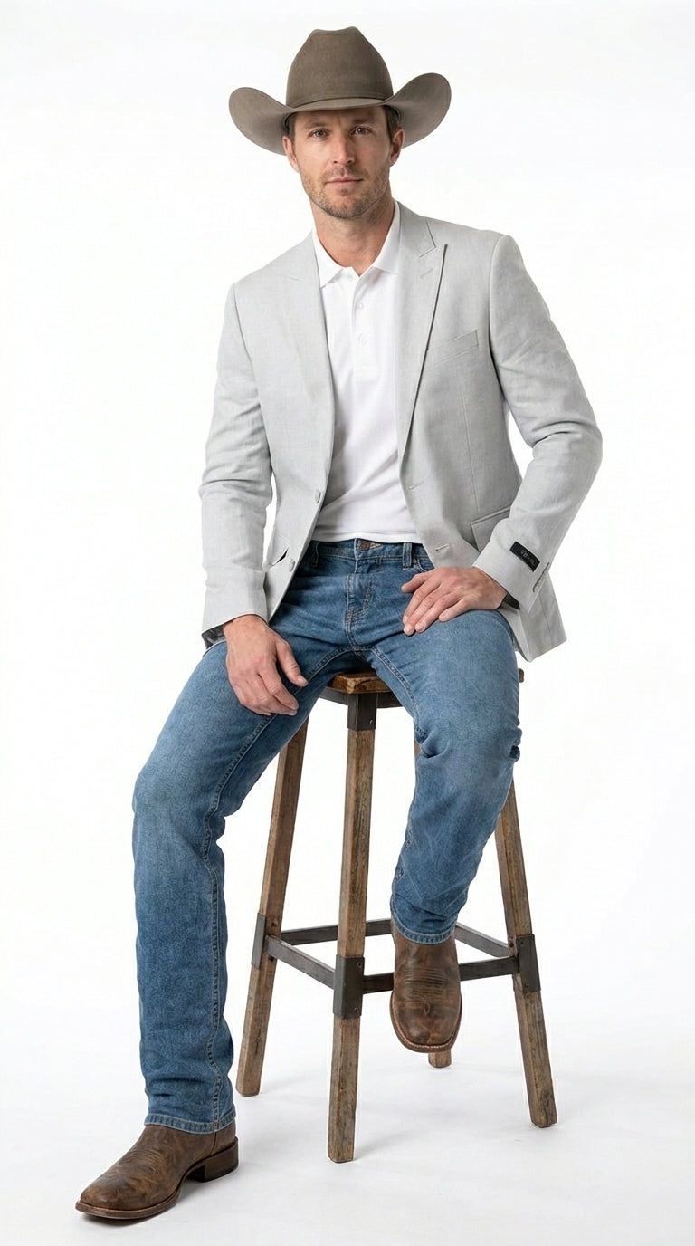 Men’s Very Light Grey - Linen Western Cowboy Blazer, Formal Sport Coat for Weddings, Parties, Country Events, and Casual Dress Wear in Ice Ash Color