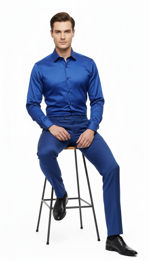 Royal blue satin men's dress shirt. Long sleeves, classic collar, and smooth, glossy fabric. Fitted design with button closures. A sophisticated look.
