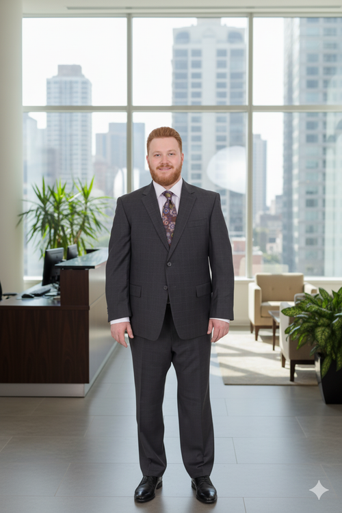 Mix And Match Suits Men's Two Button Fully Lined Portly Fit Gray Plaid With Blue Overcheck Suit Executive Fit Suit - Mens Portly Suit