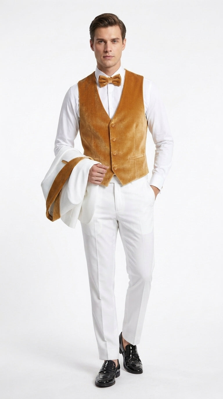 Men's White & Gold Tuxedo – Velvet Shawl Lapel 3 Piece Wedding & Prom Suit