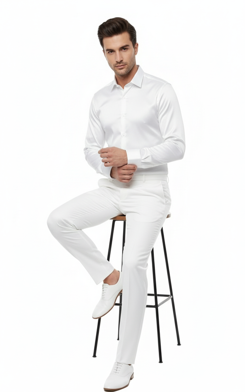 Men's white satin dress shirt. Classic long sleeve, standard collar, button closure. Smooth, elegant fabric. Perfect for formal occasions.
