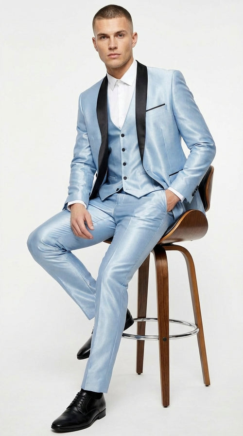 Men’s Light Blue Shiny 3 Piece Suit with Black Shawl Lapel | Formal Wedding Prom Suit - Sateen Sharskin Suit