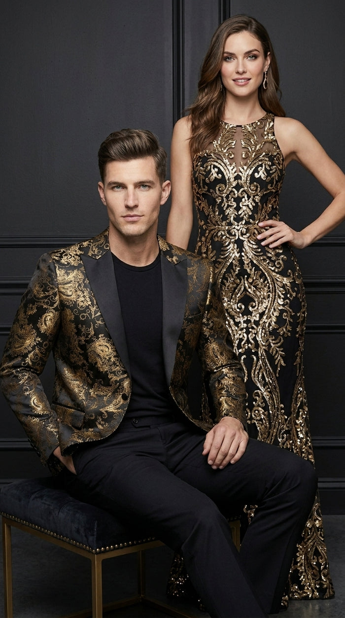Men’s Black & Gold Paisley Tuxedo Jacket – Luxury Floral Formal Dinner Blazer Black Pants