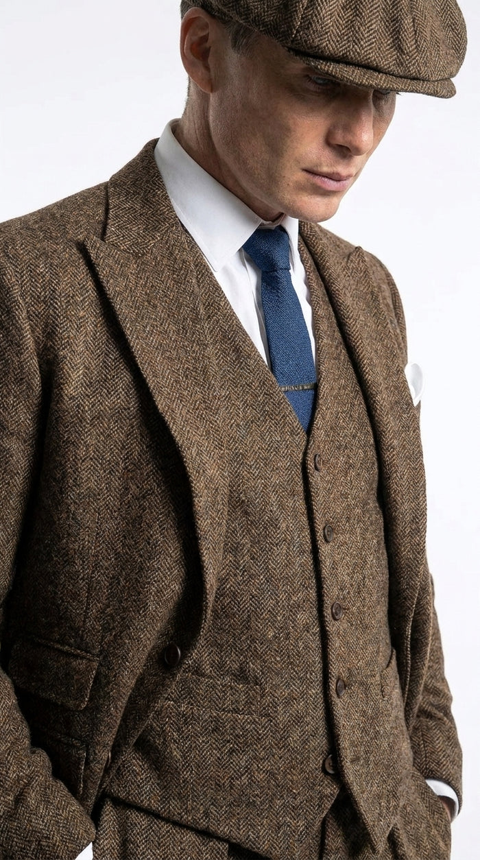Men’s Thomas Shelby Inspired Brown Herringbone Tweed 3 Piece Suit – Peaky Blinders 1920s Vintage Suit