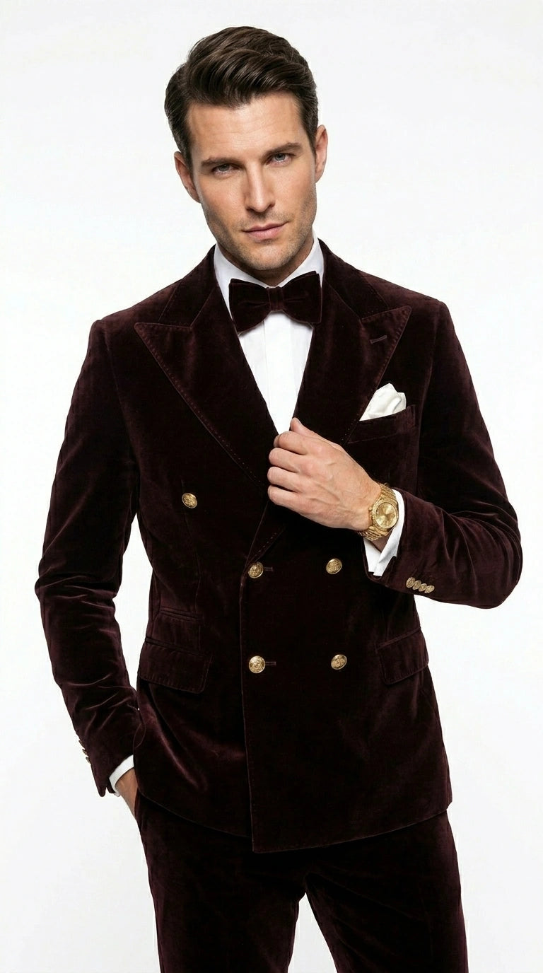 Men’s Dark Brown Velvet Blazer and Pants 2 Piece Suit, Double Breasted Formal Dinner Suit for Weddings, Prom