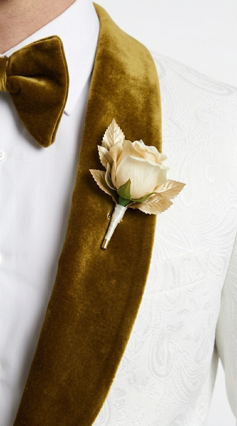 Men’s White Paisley 3 Piece With Vest Prom Tuxedo with Gold Velvet Shawl Lapel, Formal Wedding Suit Set