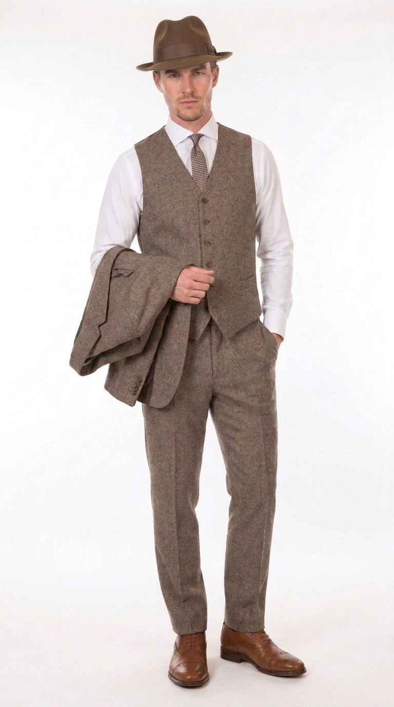 Men’s Brown Herringbone 3 Piece Suit – Vintage 1950s Inspired Tweed Vested Classic Suit