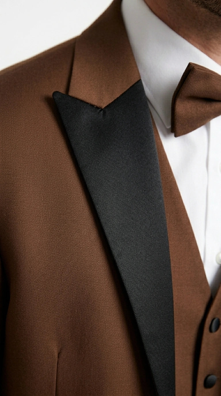 Men’s Light Brown Western Tuxedo 3 Piece Suit with Black Peak Collar Lapel, Country Look Cowboy Suit