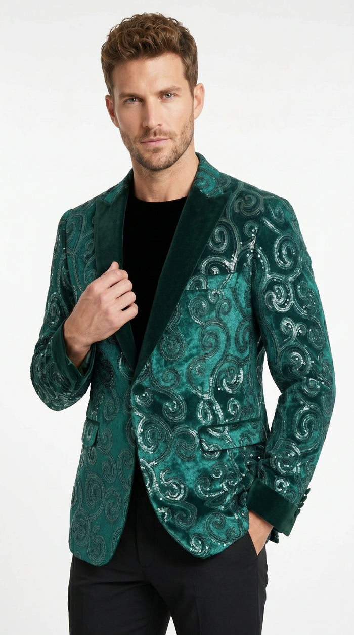 Men’s Emerald Green Paisley Tuxedo Dinner Jacket with Black Lapel, Formal Prom Wedding Party Blazer