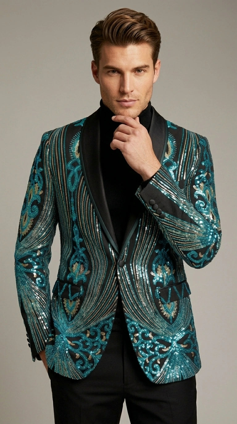 Men’s Black and Turquoise Blue With teal green Sequin Dinner Jacket, Formal Prom Wedding Paisley Floral Mardi Gra Pattern