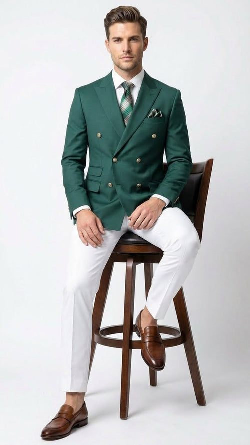 Men’s dark green double-breasted blazer features a structured shape with two rows of gold buttons and peak lapels. It has a smooth, tailored fit made from a textured fabric.