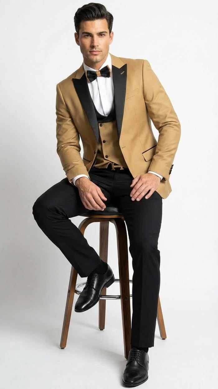 Men's Dark Camel Tan Khaki and Black Great Gatsby Tuxedo Suit - Vintage 1920s Formal Wedding, Party and Event Wear