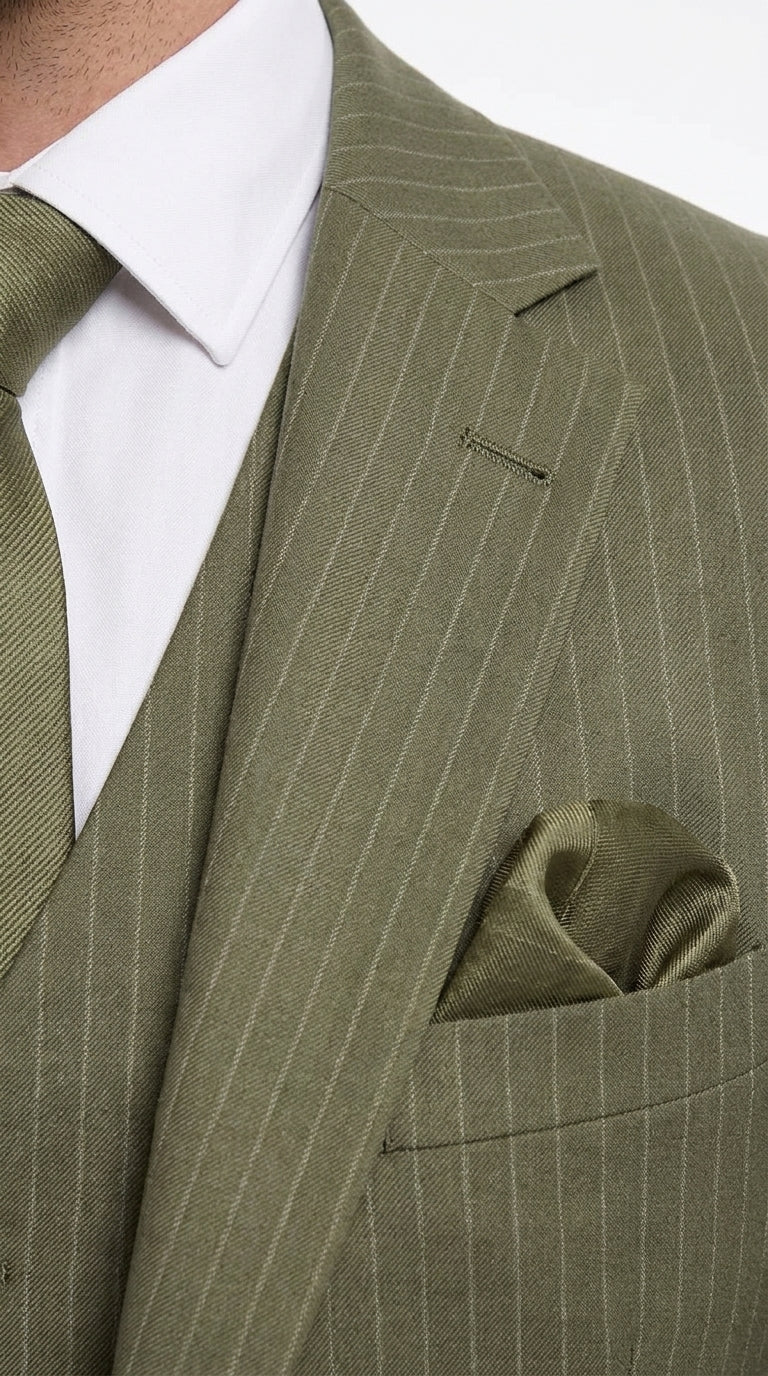 Men’s Olive Green Tone-on-Tone Shadow Pinstripe  3 Piece Suit – Modern Formal Suit with Vest Shadow Stripe