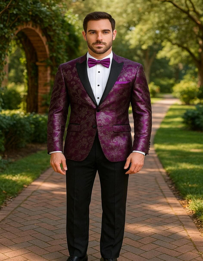 Men's Pinkish ~ Purple Paisley Tuxedo Jacket with Black Satin Lapel â€“ Formal Prom and Wedding Blazer in Meganta Color