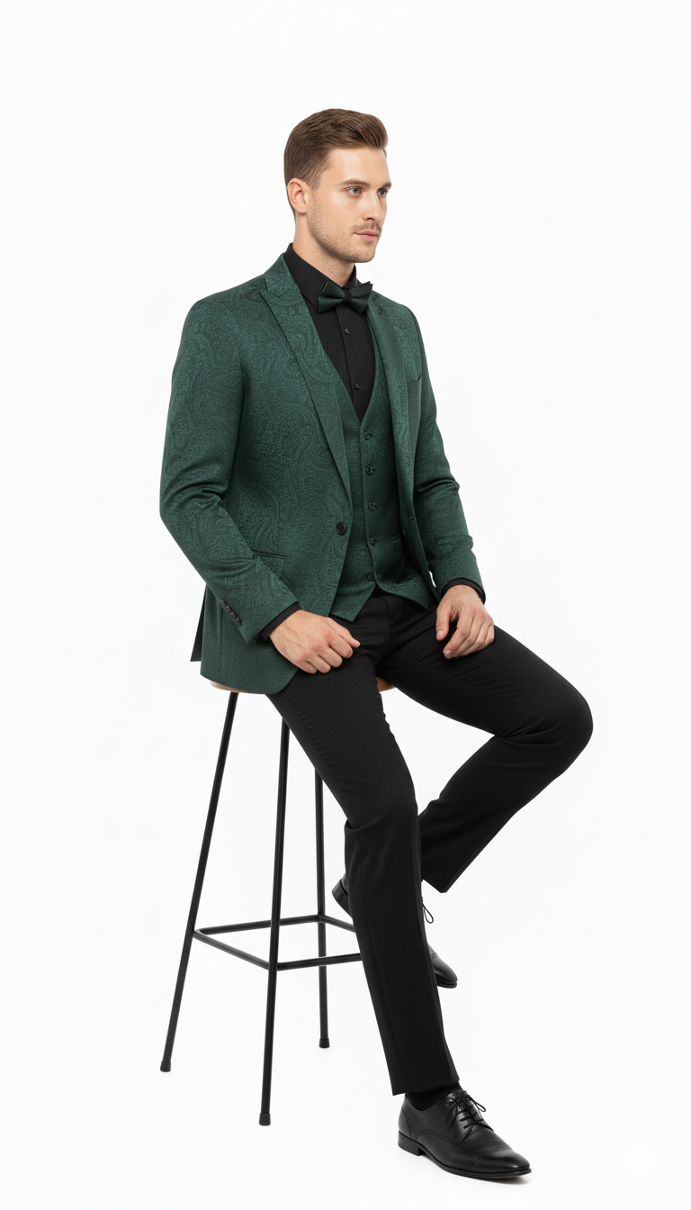 Emerald green paisley tuxedo suit for men. Slim fit blazer with paisley design and textured fabric. Includes matching vest and black pants. Perfect for a stylish look.
