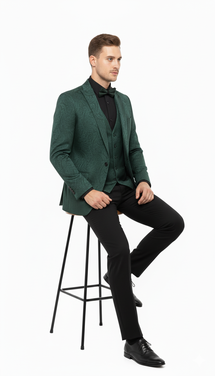 Emerald green paisley tuxedo suit for men. Slim fit blazer with paisley design and textured fabric. Includes matching vest and black pants. Perfect for a stylish look.
