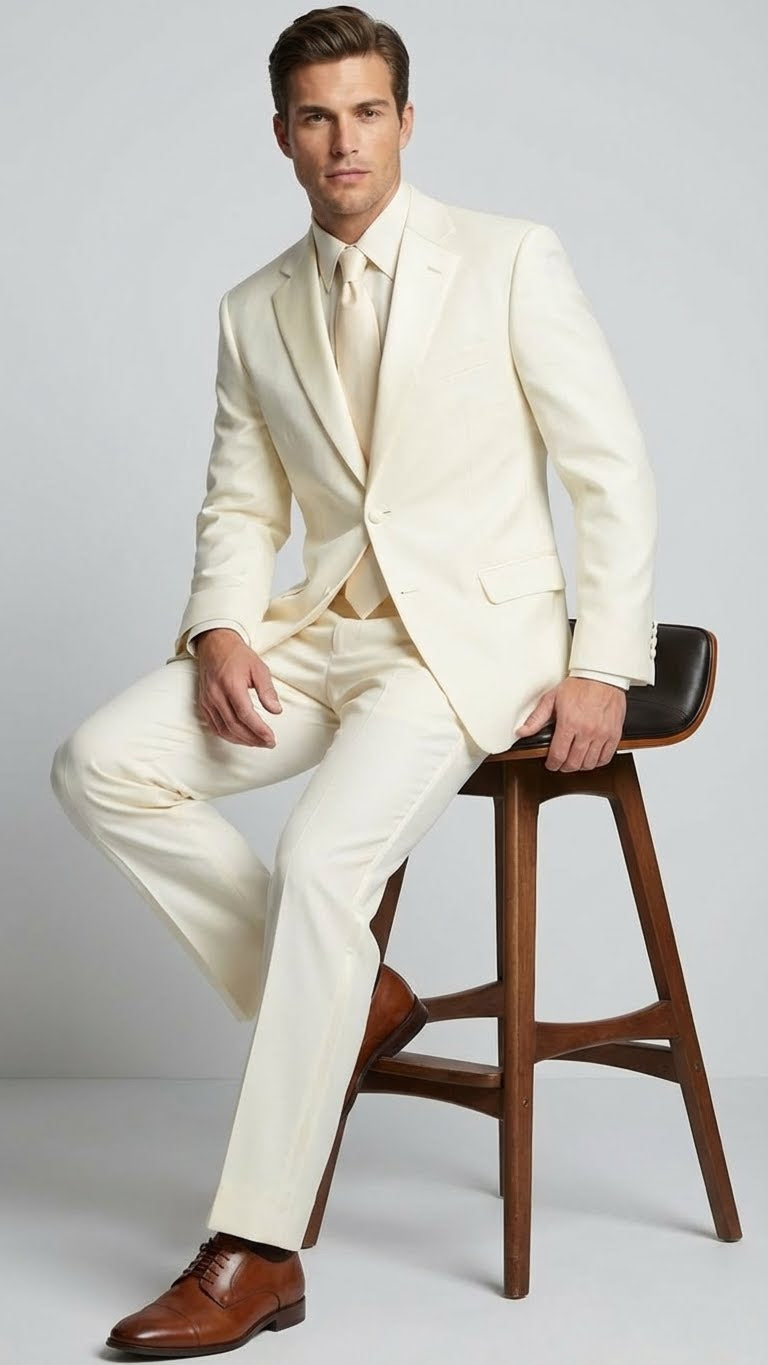 Men's ivory tuxedo suit with satin notch lapel. Tailored fit, single-breasted jacket, and matching trousers. Solid ivory color.
