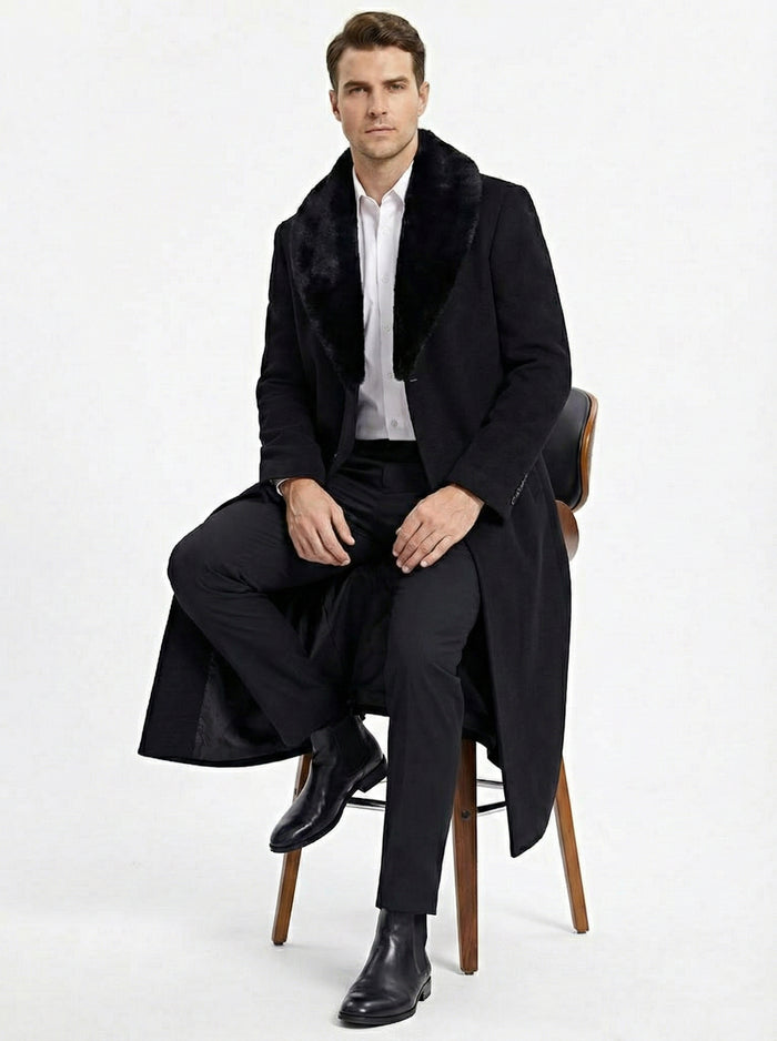 Mens Black Long Overcoat with Faux Fur Collar, Full Length Winter Topcoat for Formal and Business Wear