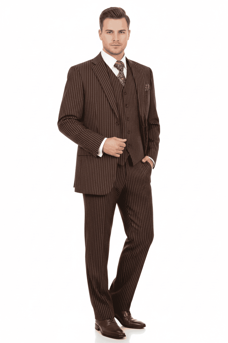 Men's brown pinstripe three-piece suit: jacket, vest, trousers. Smooth fabric, vertical pinstripes, structured fit. Notched lapel, button closure jacket, matching vest, straight-cut trousers. Formal business attire.
