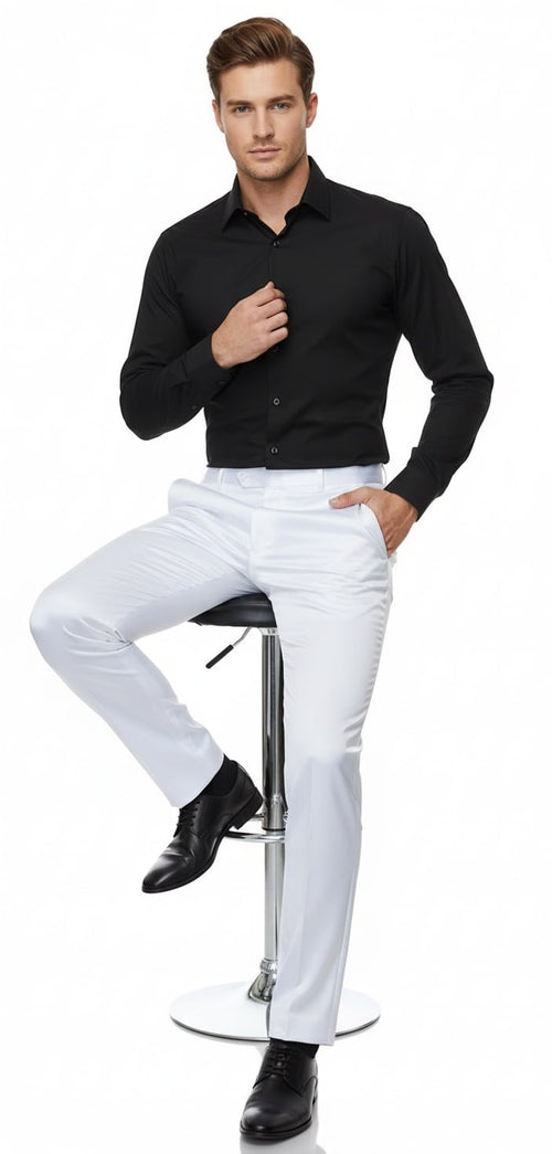 Men's white satin slim-fit dress pants. Straight leg, flat front, smooth satin. Tailored waist, side pockets. A sophisticated and elegant choice.
