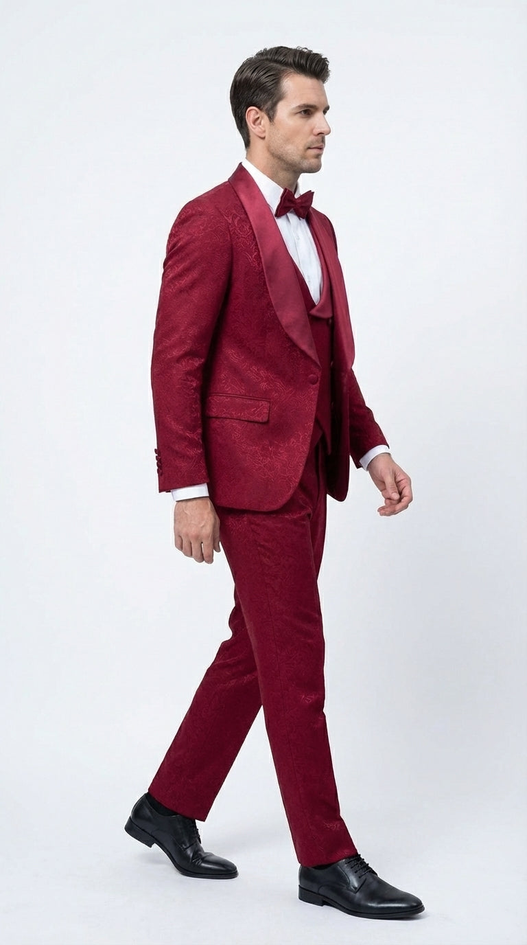 Mens Burgundy Wedding Tuxedo Suit – Paisley Three Piece Formal Suit Set with Shawl Lapel for Groom, Prom