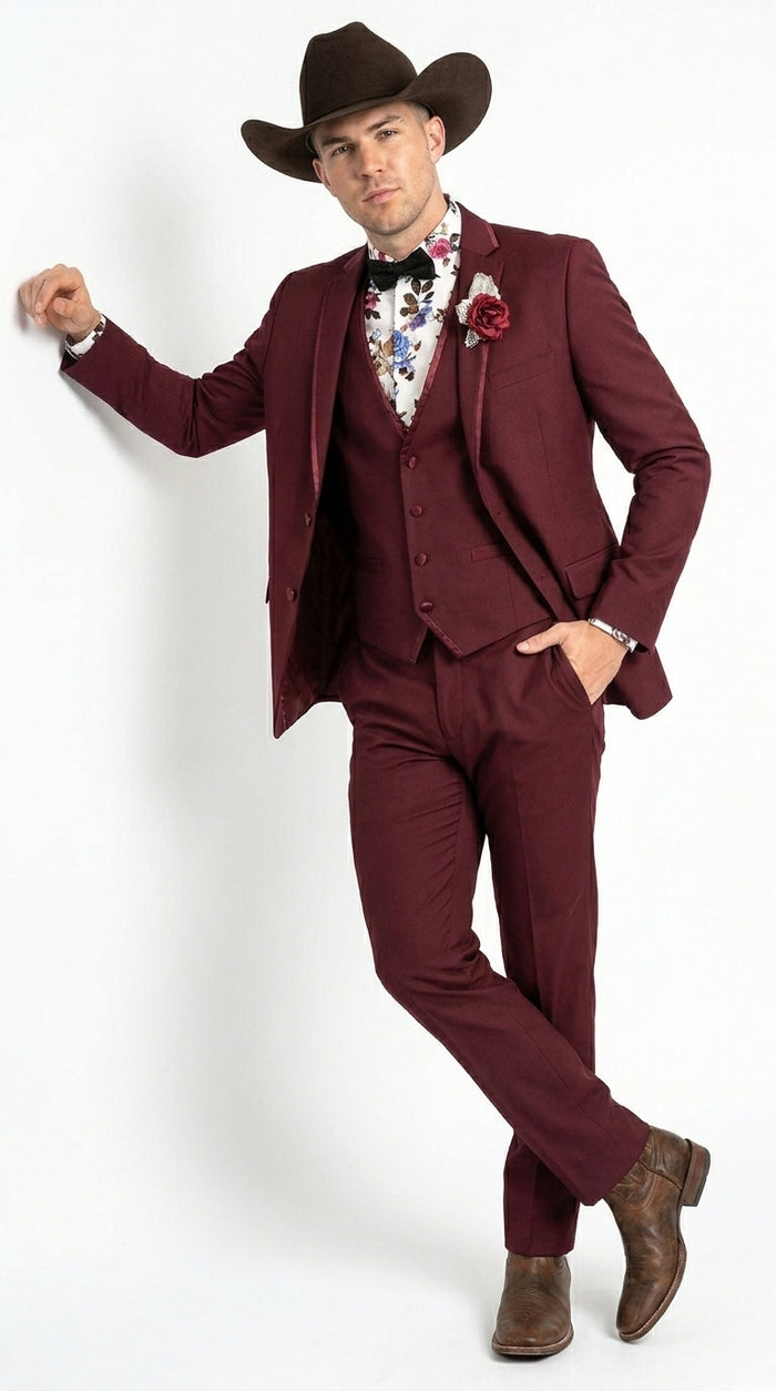 Men’s Burgundy Western Tuxedo Suit, 3 Piece Cowboy Formal Wedding Prom Suit with Satin Trim