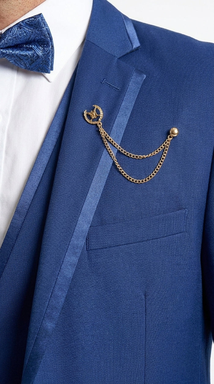Men’s Blue Western Tuxedo Suit, 3 Piece Cowboy Formal Wedding Prom Suit with Satin Trim