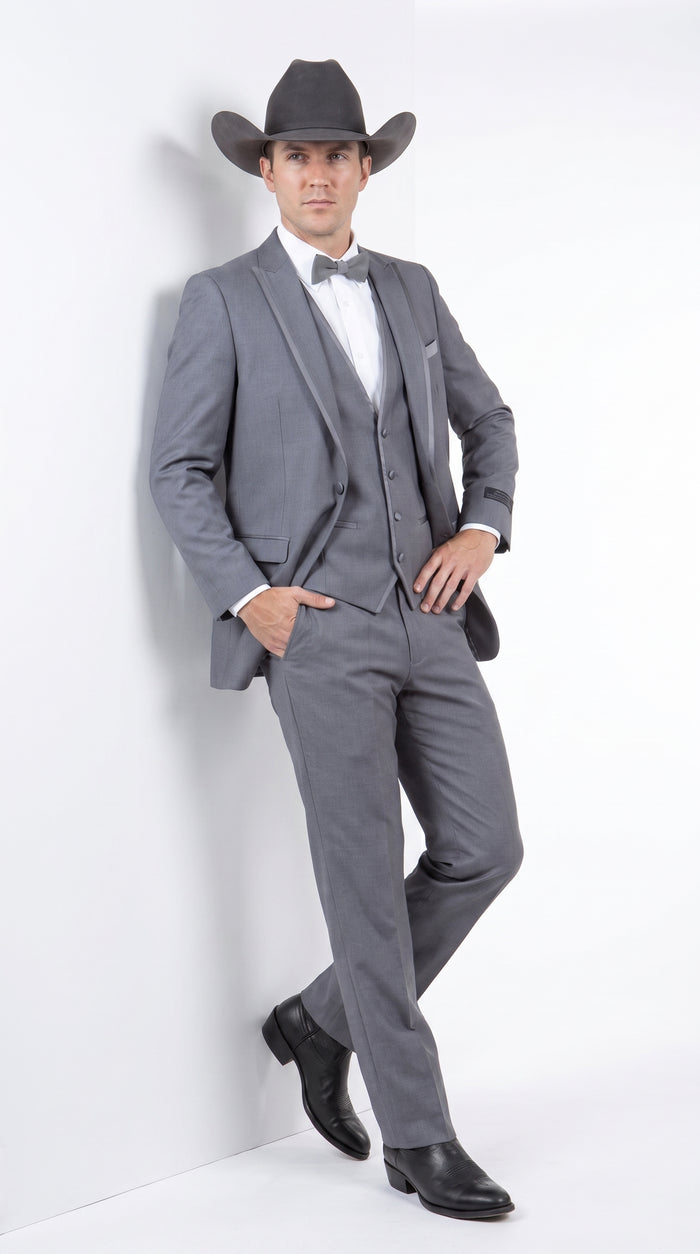 Men's Medium Grey Western 3-Piece Tuxedo Suit with Vest – Cowboy Style Formal Country Outfit
