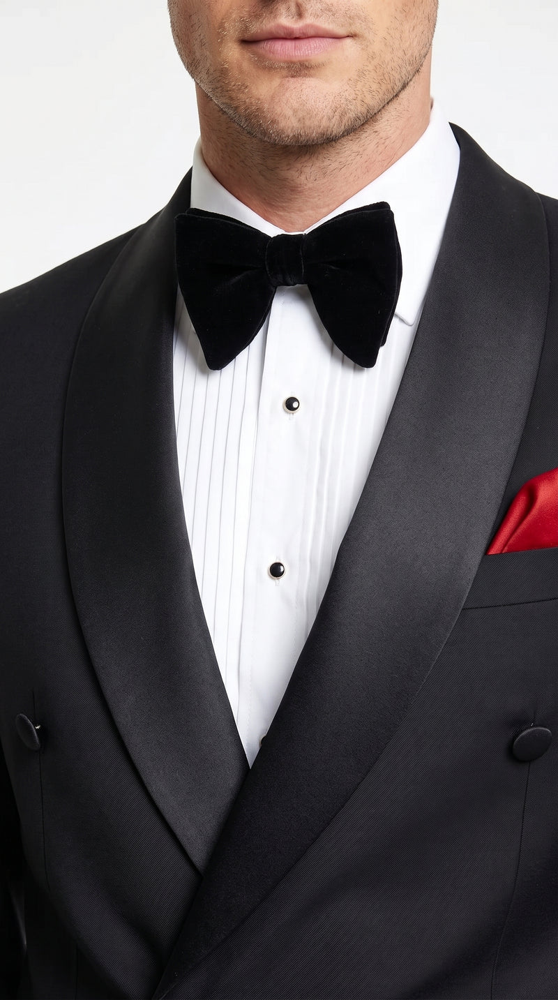 Men’s Black Double Breasted Evening Wear Suit with Satin Shawl Lapel and Red Pocket Square