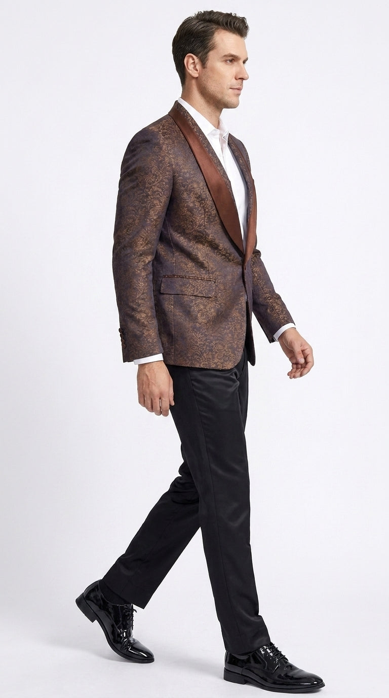 Men’s Light Brown Paisley Tuxedo Jacket, Wedding Prom Dinner Blazer with Satin Shawl Lapel