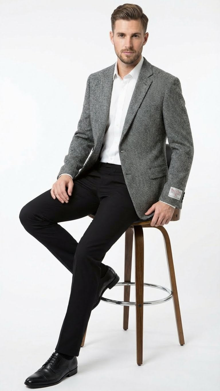 Men’s Grey Harris Tweed Blazer Jacket, Classic Herringbone Wool Sport Coat for Business Casual