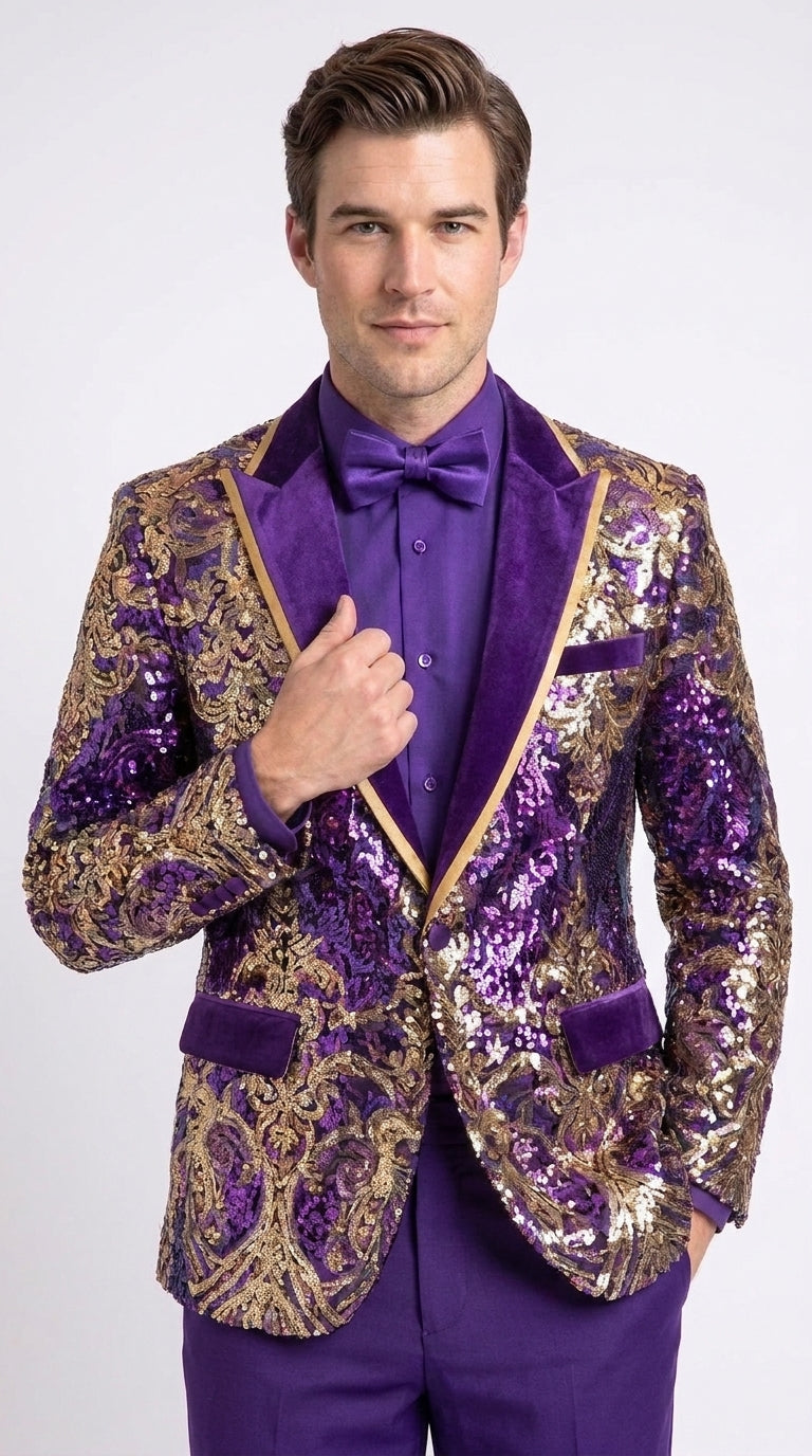Men’s Purple and Gold Sequin Suit with Pants – Luxury Prom, Wedding and Party Blazer