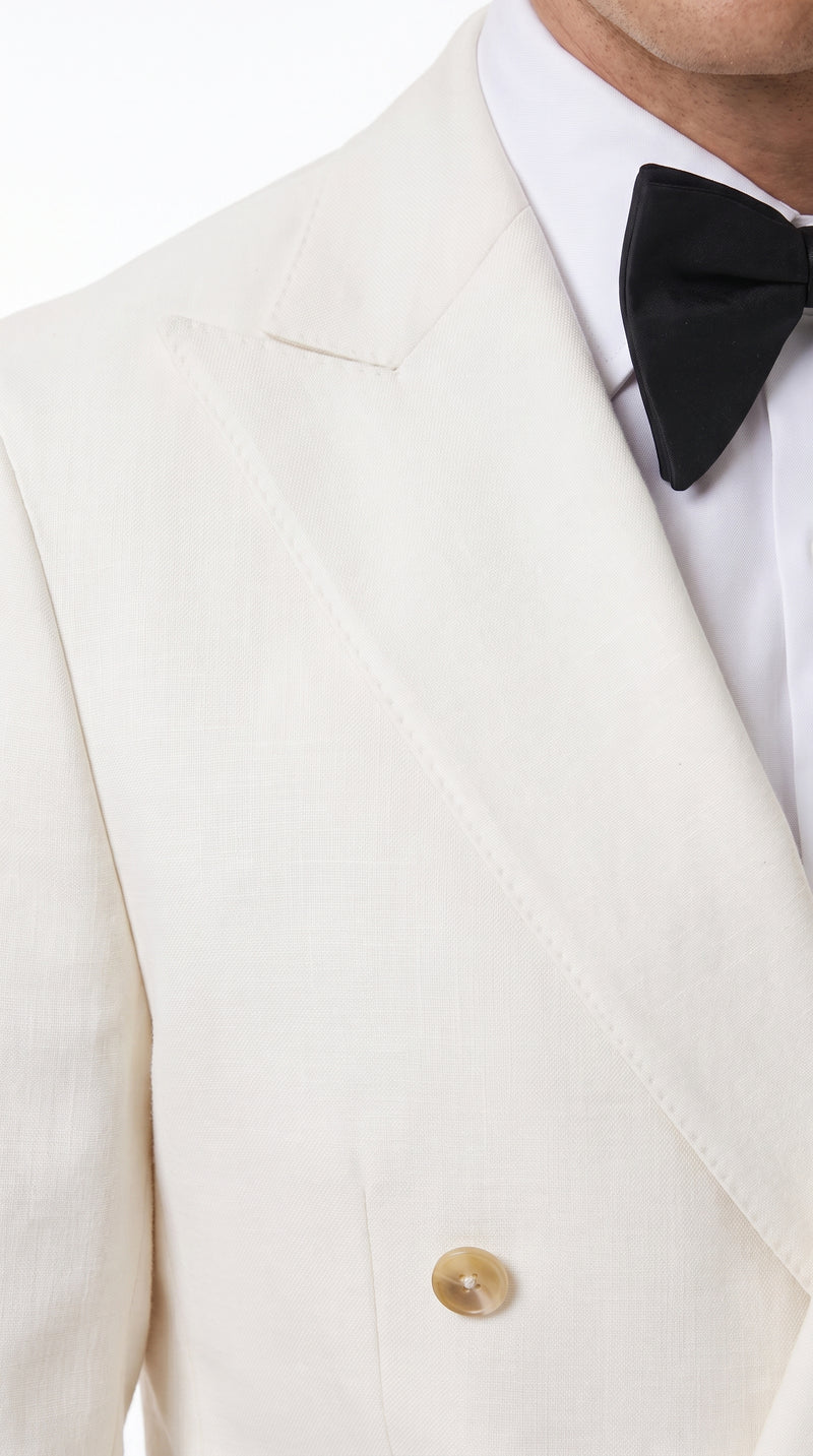 Men’s Ivory Double-Breasted Tuxedo – Gold Button Wedding, Prom and Formal Suit