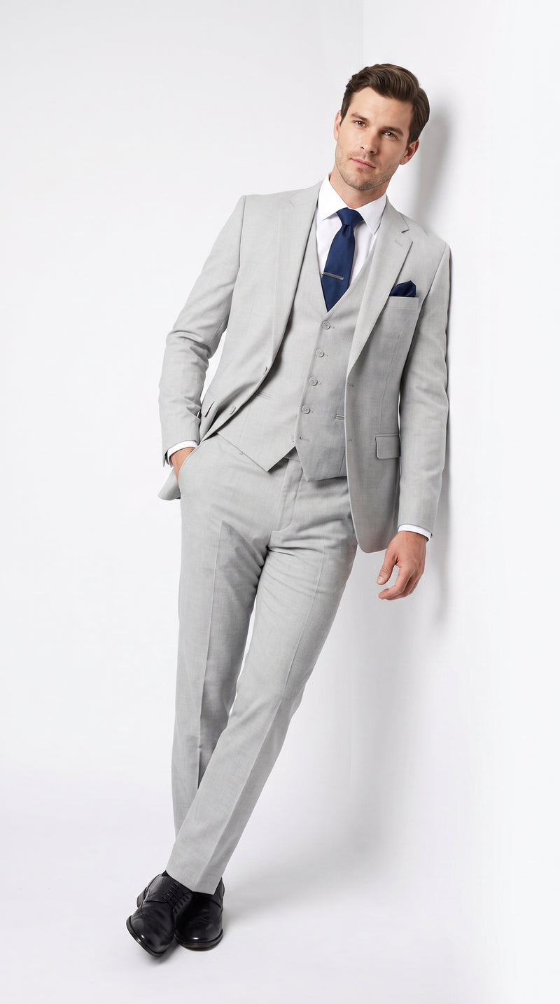 Men’s Silver & Navy Blue 3-Piece Suit – Wedding, Business and Formal Suit with Free Matching Tie