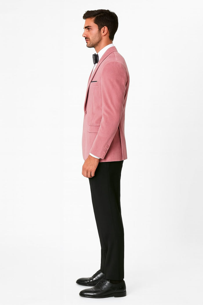 Men's slim fit pink velvet tuxedo jacket. Shawl lapel, single breast pocket. Soft, textured fabric for a refined look.
