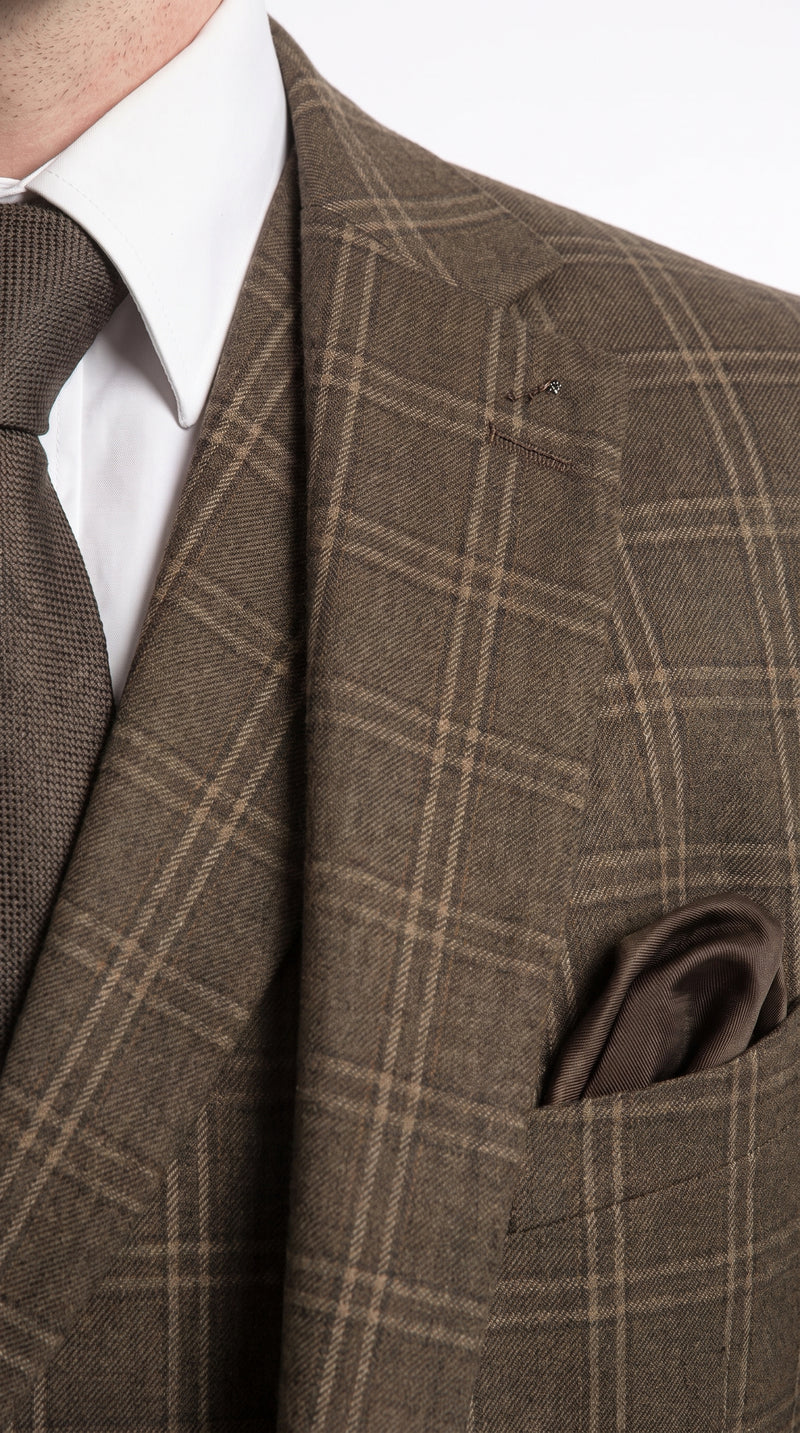 Men’s Edwardian Brown Plaid 3-Piece Suit – Vintage Double-Breasted Vest Wedding and Formal Suit
