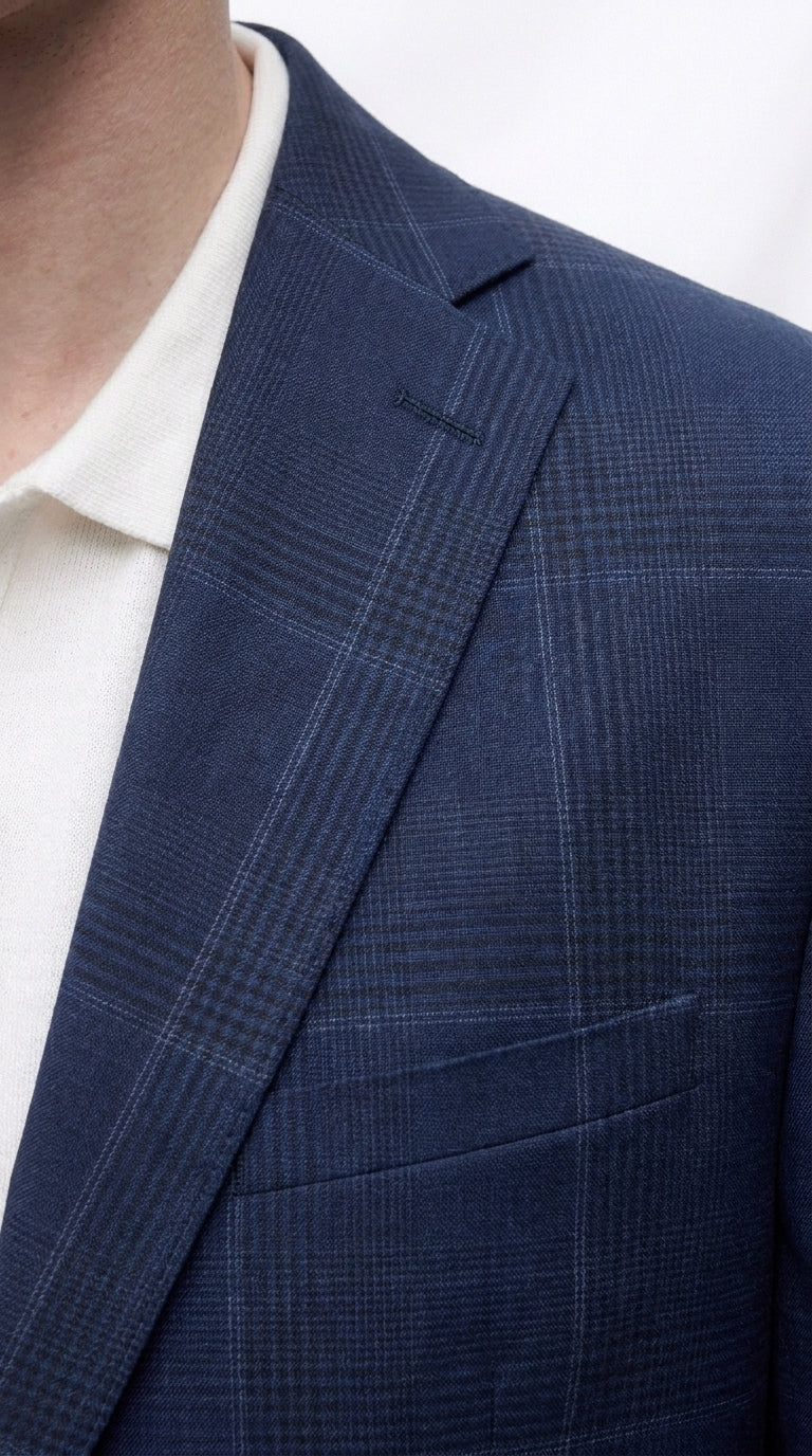 Men’s Navy Blue Plaid Wool Blazer – English Style Textured Wool Winter Sport Coat Windowpane pattern