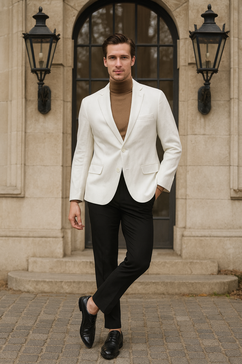 Men's white linen blazer: classic two-button design, lightweight. Notched lapels, chest pocket, and two flap pockets. Perfect for warm weather.
